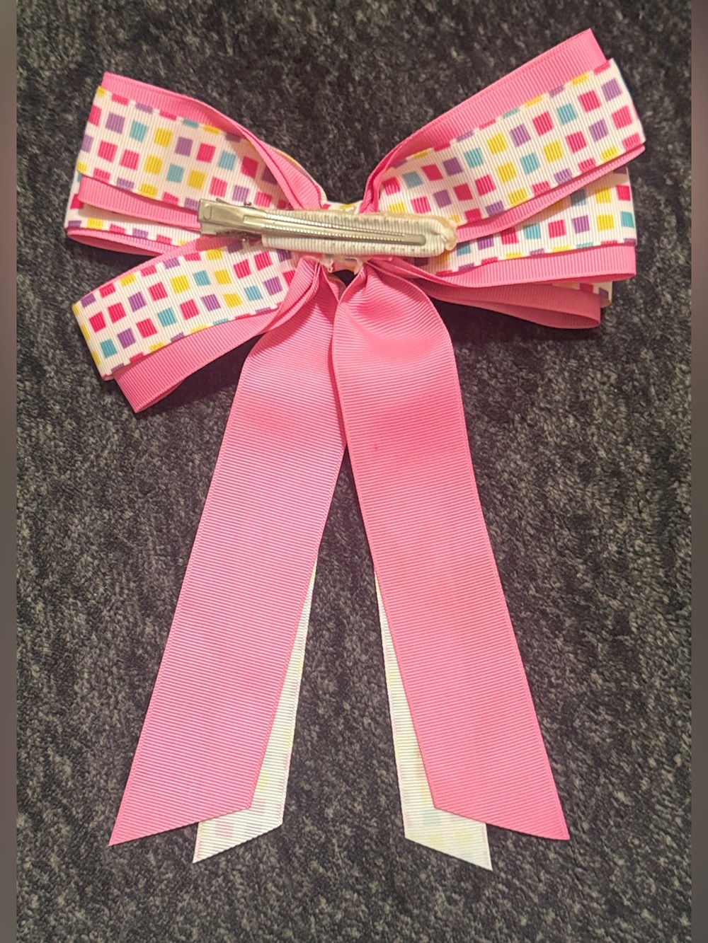 Pink Multi-Color Square Pattern Kids Hair Bow - Picture 2 of 3